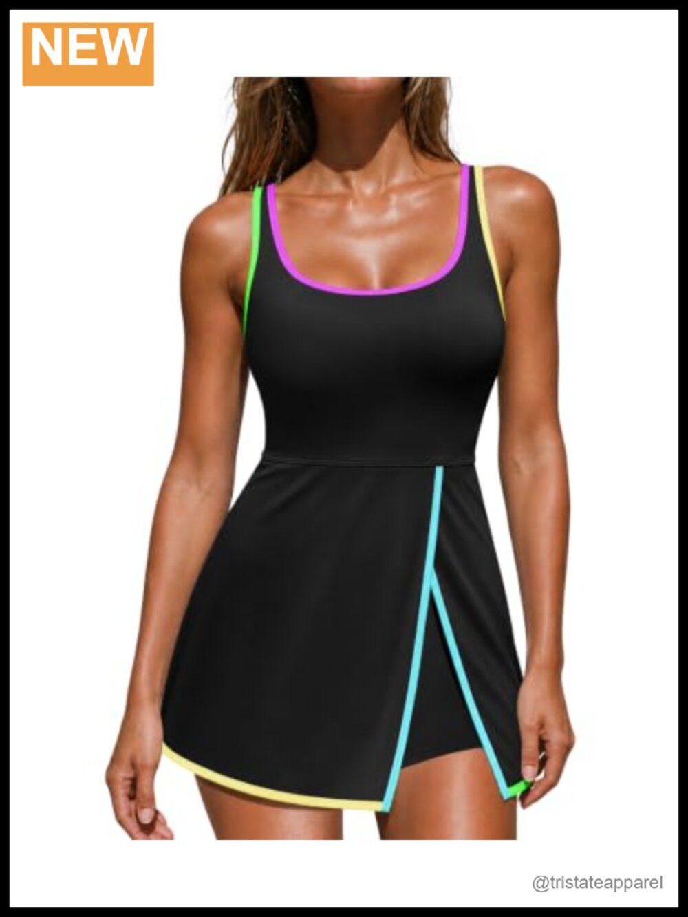 One Piece Swimsuit with Skirt Square Neck Adjustable Swim Dress